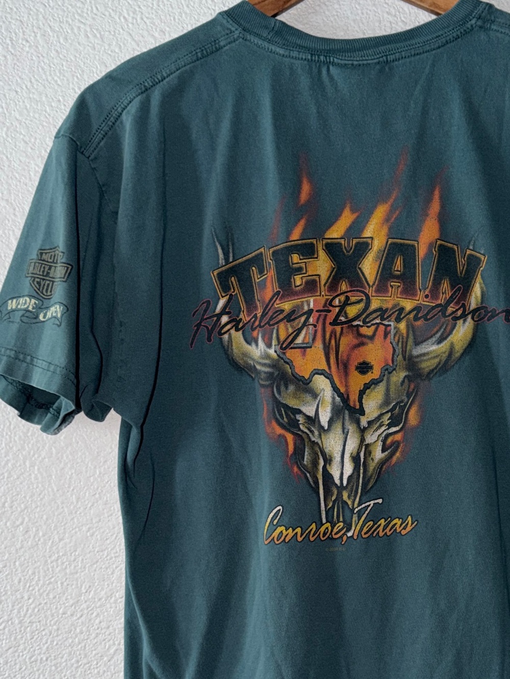 08’ Harley-Davidson Conroe Texas Longhorn Skull Graphic T-Shirt Men’s L Blue